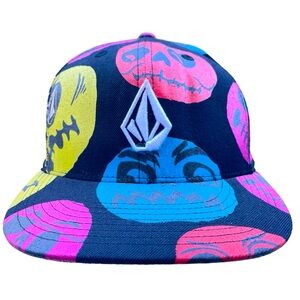 Vintage Volcom Hat Cap Mens Fitted 7 1/4 Black AOP Graphics Face Y2K Rare